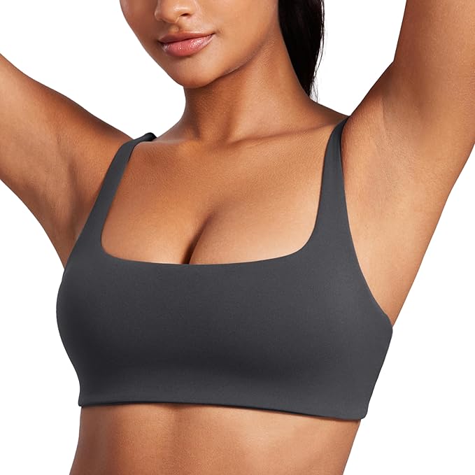 CRZ YOGA Butterluxe Square Neck Spaghetti Strap Sports Bras for Women - Low Coverage Yoga Wireless Padded Cami Crop Top