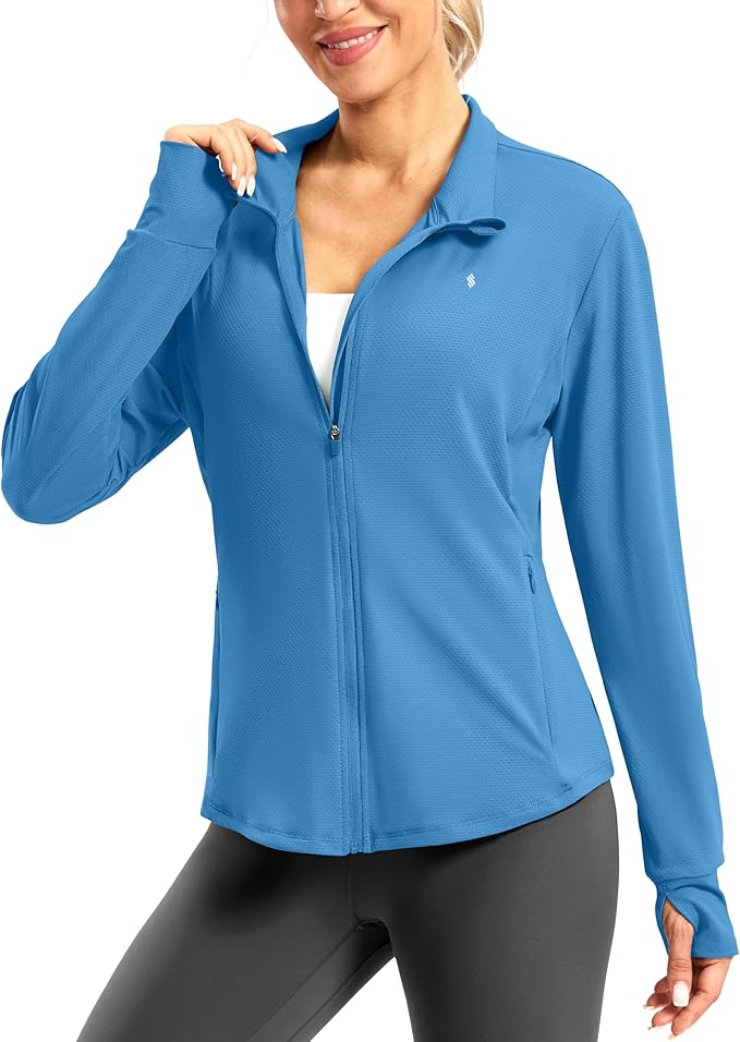 Soothfeel Women's UPF 50+ Lightweight Athletic Jackets Sun Protection Zip Up Long Sleeve Shirts Hiking Workout Outdoor Pocket