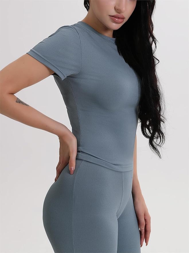 AYWA Two Piece Outfits for Women Fitted Crew Neck T-shirt High Waist Leggings Biker Shorts Matching Sets Streetwear