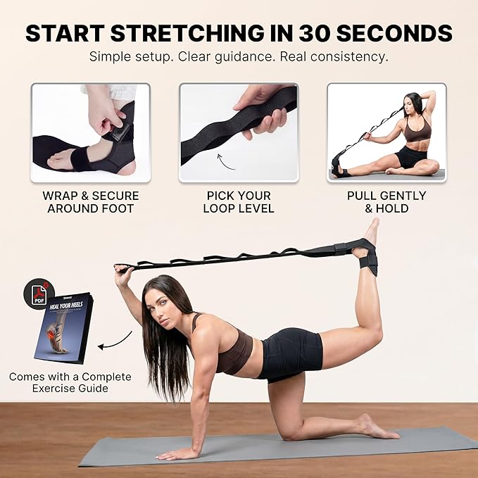 DMoose Fitness Foot & Calf Stretcher with Adjustable Padded Stretching Strap for Plantar Fasciitis, Hamstring, Heel Spurs and Achilles Tendonitis Relief - Yoga Leg Stretch Strap for Flexibility