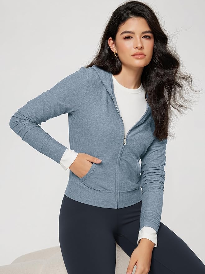 ODODOS Women's Full-Zip Cropped Hoodie - odSTRATUM Tech Ultra Soft UPF 50+ Hooded Jacket with Pockets