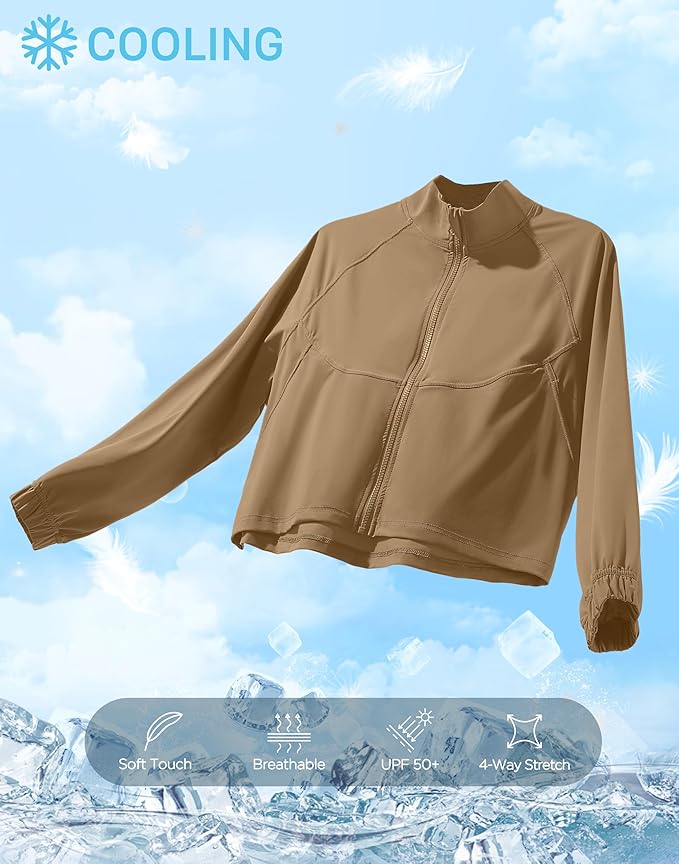 Soothfeel Women's Athletic workout Jacket Lightweight UPF 50+ Long Sleeve Sun Protection Shirts Zip Up Cropped Hiking Tops