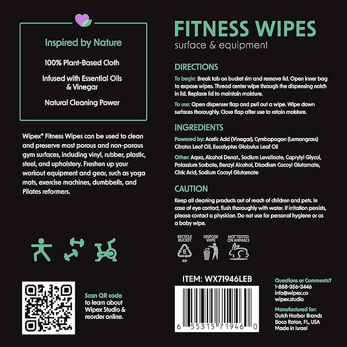 Wipex Fitness Wipes for Equipment Bundle - EWG Verified - Get 2 Buckets (1) Lemongrass & (1) Lavender Plant-Based Gym Equipment Wipes, Clean Surfaces & Mats, Safe Gym & Peloton Bike Cleaner