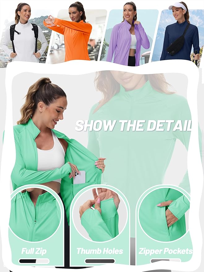 TACVASEN Women's Athletic Jackets Lightweight UV Protection Shirts Full Zip Workout Jacket UPF 50+ Long Sleeve Sun Shirt