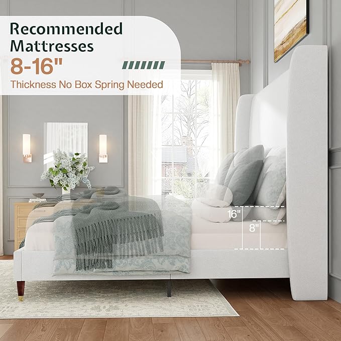 Jocisland Full Size Bed Frame 51.2" Wingback Headboard Linen Upholstered Platform Bed with Solid Wood Legs & Wooden Slats, No Box Spring Needed, Modern Minimalist Style, Easy Assembly, White