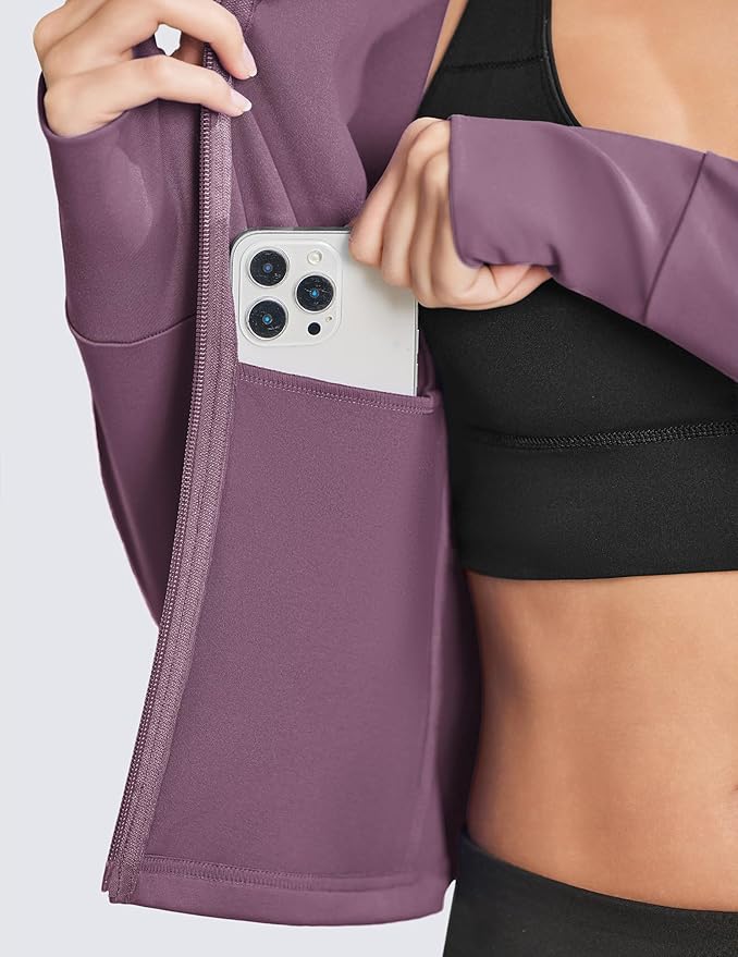 PINSPARK Women Cropped Workout Jackets Full Zip Slim Fit Athletic Jackets Thumb Holes Running Jacket with Zipper Pockets