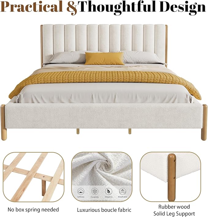 King Size Bed Frame with Boucle Upholstered Headboard, Solid Rubberwood Legs & Vertical Striped Design, Sturdy Wood Slat Support Boucle Bed Frame, No Box Spring Needed, White