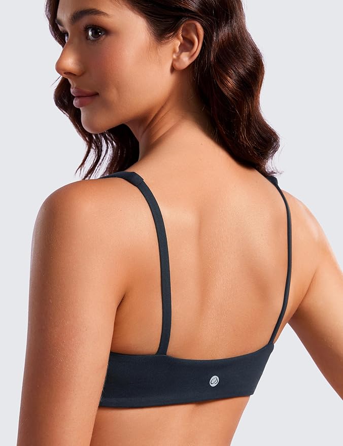 CRZ YOGA Butterluxe Square Neck Spaghetti Strap Sports Bras for Women - Low Coverage Yoga Wireless Padded Cami Crop Top