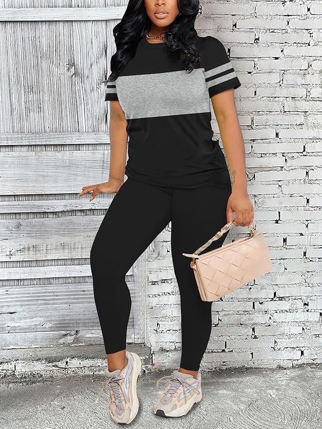 Two Piece Sets for Women Summer Short Sleeve Striped Crewneck Slim Fit Active Casual Sweatsuits