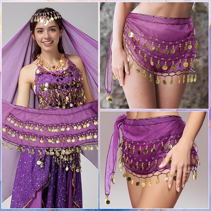 Belly Dance Hip Scarf Belly Dance Skirt 3-Layer Gold Sequins and Coins, Suitable for Yoga, Belly Dance, Performance