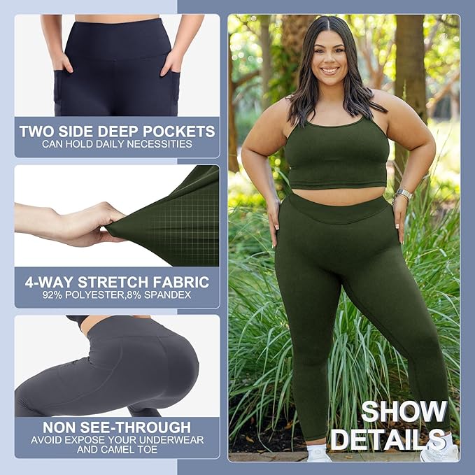 3 Pack Plus Size Leggings with Pockets for Women - High Waisted Tummy Control Spandex Soft Black Workout Yoga Pants