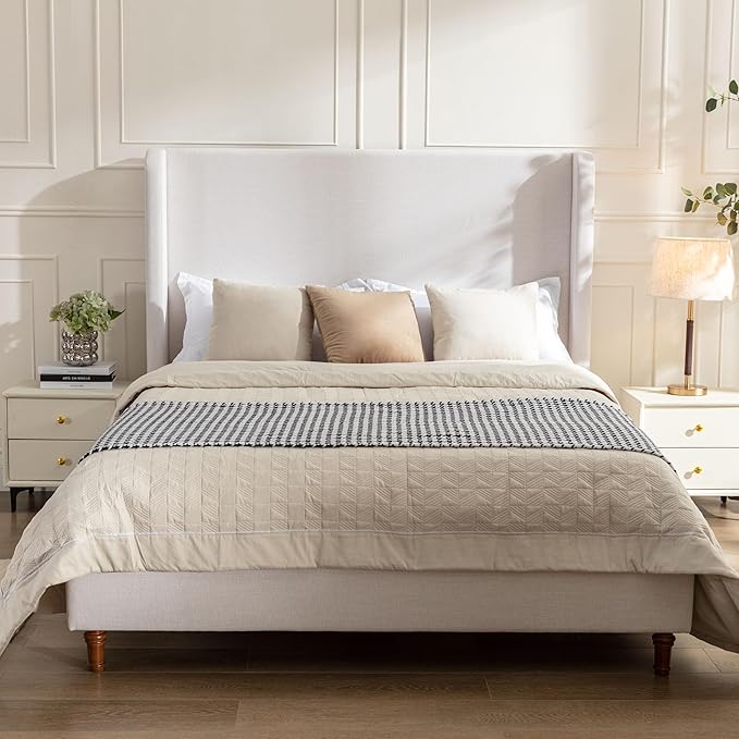 California King Size Upholstered Bed Frame, 54" Tall Headboard Wingback Platform Bed Frames, Elegant Simplicity/Strong Wood Slats Support/No Box Spring Needed/No Noise, Textured Ivory Canvas