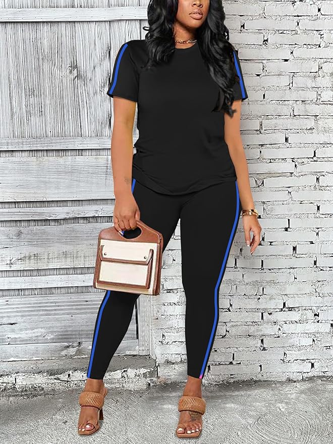 Women's 2 Piece Outfits Sweatsuit Summer Workout Striped Short Sleeve Long Sweatpants Casual Jogging Lounge Set