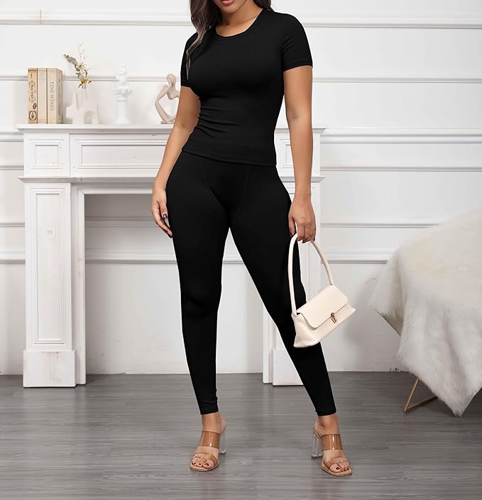 PINSV 2 Piece Sets for Women Summer Casual Jogger Workout Outfits Fitted Crew Neck T-shirt High Waist Legging Sets