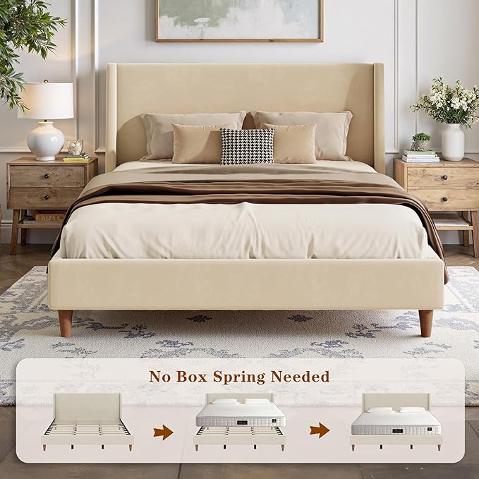 Queen Size Upholstered Platform Bed Frame, Modern Wingback Beds with Tall Headboard, Upholstered Bed Frames with Walnut Wooden Legs, No Box Spring Needed/Easy Assembly, Beige Velvet