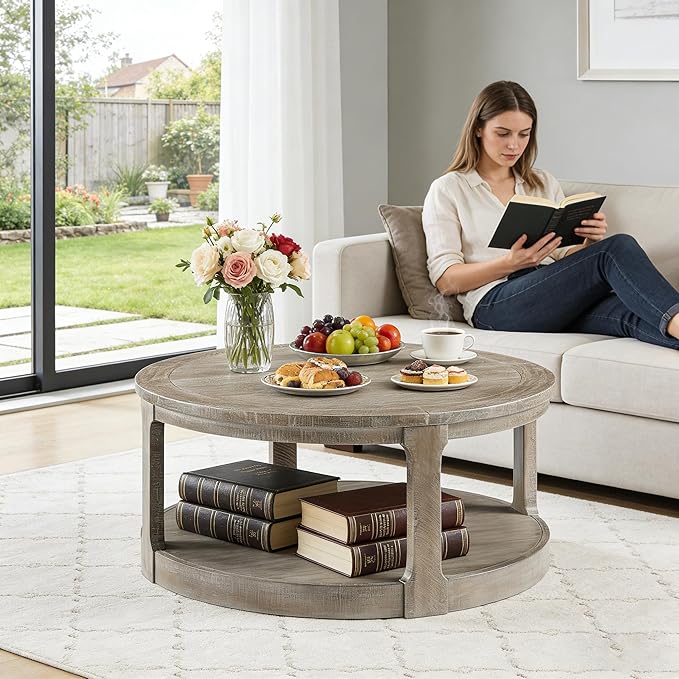 40" Round Wood Coffee Table, 2 Tier Modern Center Table with Roller Wheels,Solid Wood+MDF, Easy Assembly, Accent Table for Living Room, Apartment, Small Space. (Light Brown)
