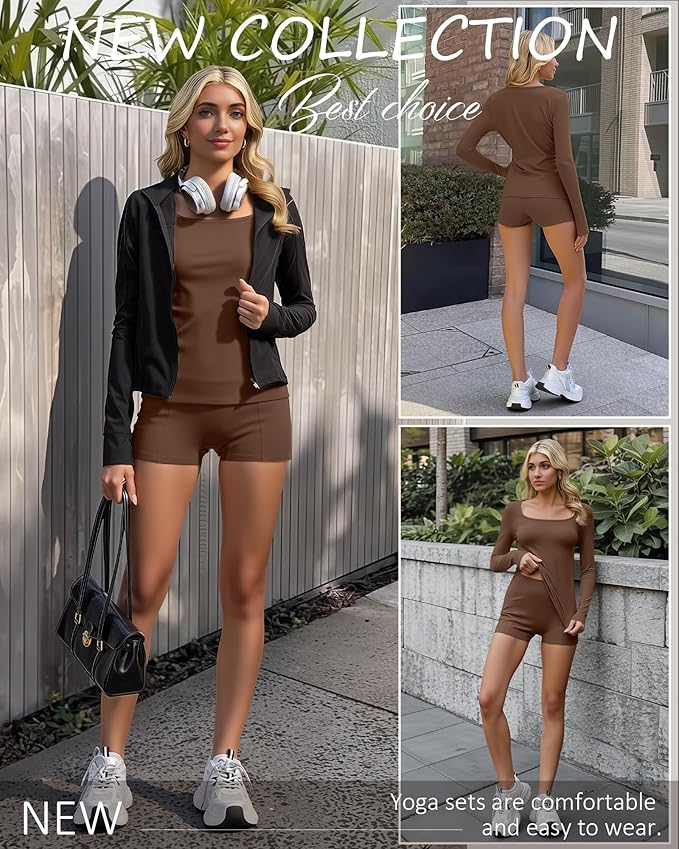 Women Workout Sets 2 Piece Yoga Square Neck Long Sleeve Top Athletic Seamless Short Pockets Sport Gym Run Outfits