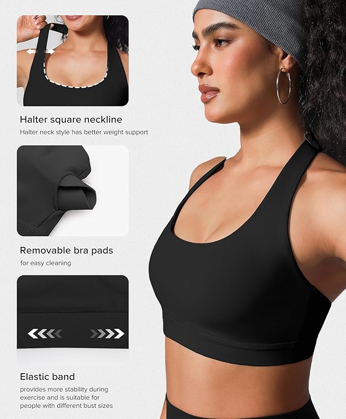 BRXL Halter Sports Bras for Women Adjustable Built in Bra Backless Workout Push Up Bras Low Impact Gym Yoga Tops