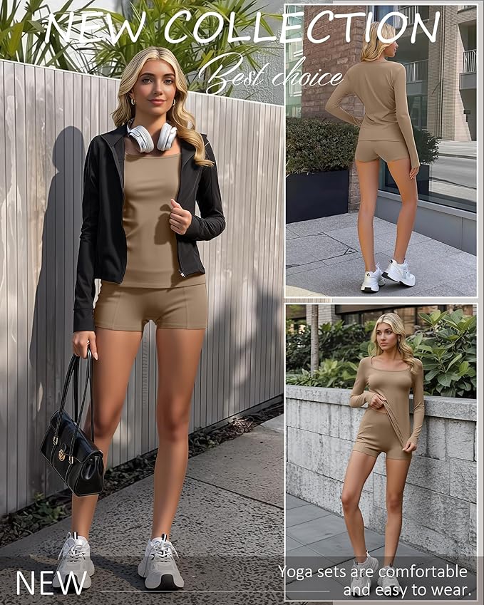 Women Workout Sets 2 Piece Yoga Square Neck Long Sleeve Top Athletic Seamless Short Pockets Sport Gym Run Outfits