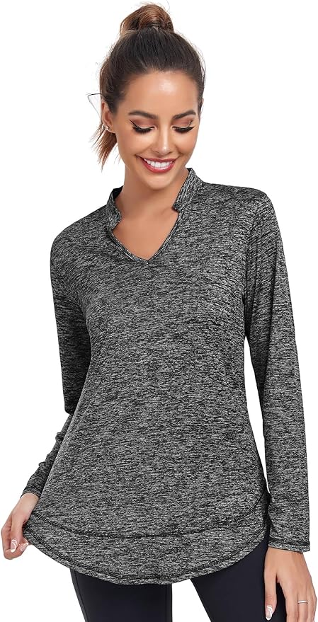 Absttith Women's Long Sleeve Workout Shirts Running Yoga Tops Athletic V Neck Sport Tee Side Split