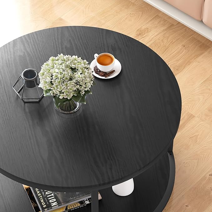 NSdirect Round Coffee Table, 27.6" Small Coffee Table for Living Room,2-Tier Rustic Wood Desktop with Storage Shelf Modern Design Home Furniture(Black)