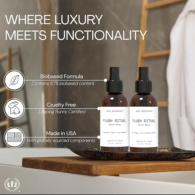 Muse Apothecary Flush Ritual - Aromatic & Refreshing Toilet Spray, Use Before You Go, 2 oz, Infused with Natural Essential Oils - Tonka Bean + Amber + Warm Cedarwood, 2 Pack