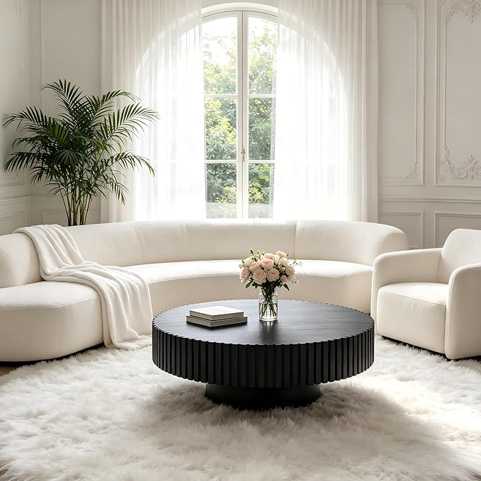 KEVINSPACE Round Coffee Table, 39" Big Wooden Fluted Coffee Table with Fluted Base, Circle Accent Center Table for Living Room Apartment Office Small Space, Easy Assembly, Black