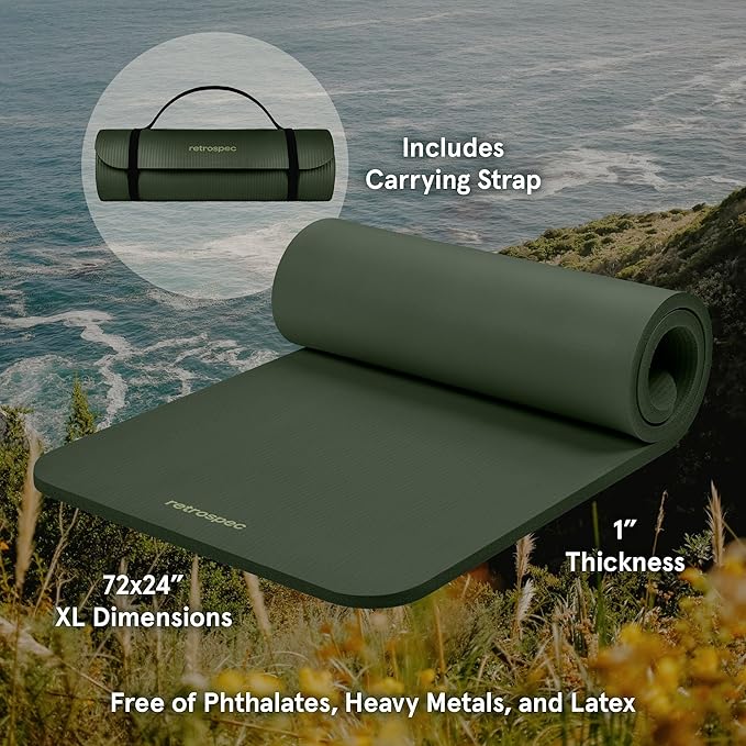 Retrospec Solana Yoga Mat 1" Thick w/Nylon Strap for Men & Women - Non Slip Exercise Mat for Home Yoga, Pilates, Stretching, Floor & Fitness Workouts