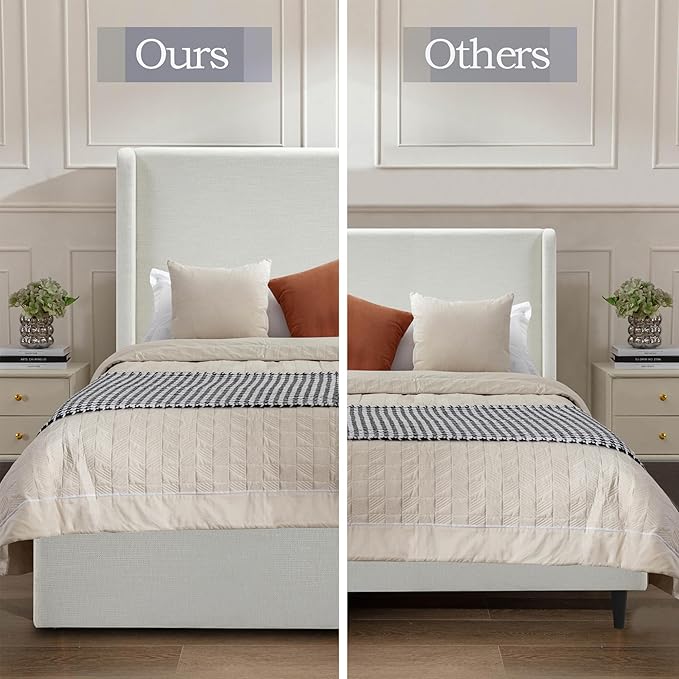 Queen Size Upholstered Platform Bed Frame, 54" High Headboard Carmen Wingback Bed, Fully Upholstered Mattress Foundation, No Box Spring Needed No Noise, Minimalist, Textured Ivory