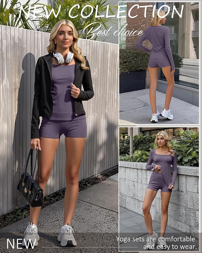Women Workout Sets 2 Piece Yoga Square Neck Long Sleeve Top Athletic Seamless Short Pockets Sport Gym Run Outfits