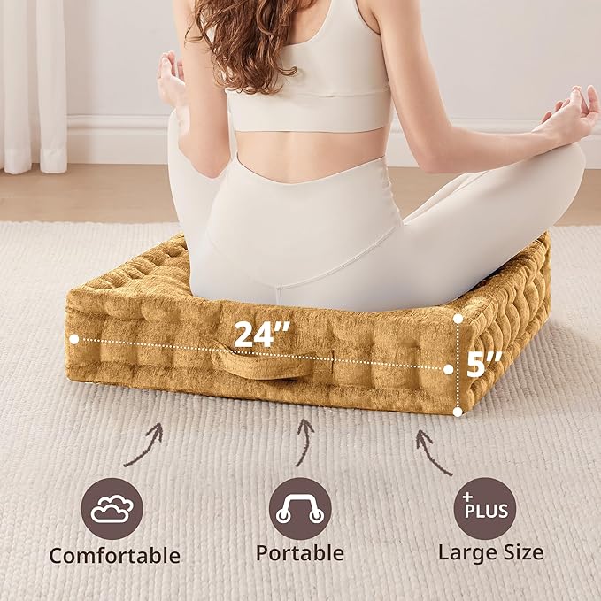 Intelligent Design Large Floor Pillow for Adults Yoga or Meditation Cushion with Handle, Floor Cushion for Board Games, Lustrous Chenille Tufted, Handsewn Scalloped Edge, Azza, 24" x 24" x 5" Yellow