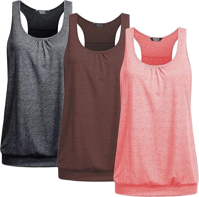 Beyove 3 Pack Banded Bottom Workout Tops for Women Tummy Flattering Yoga Tank Tops Plus Size Racerback Athletic Gym Shirts