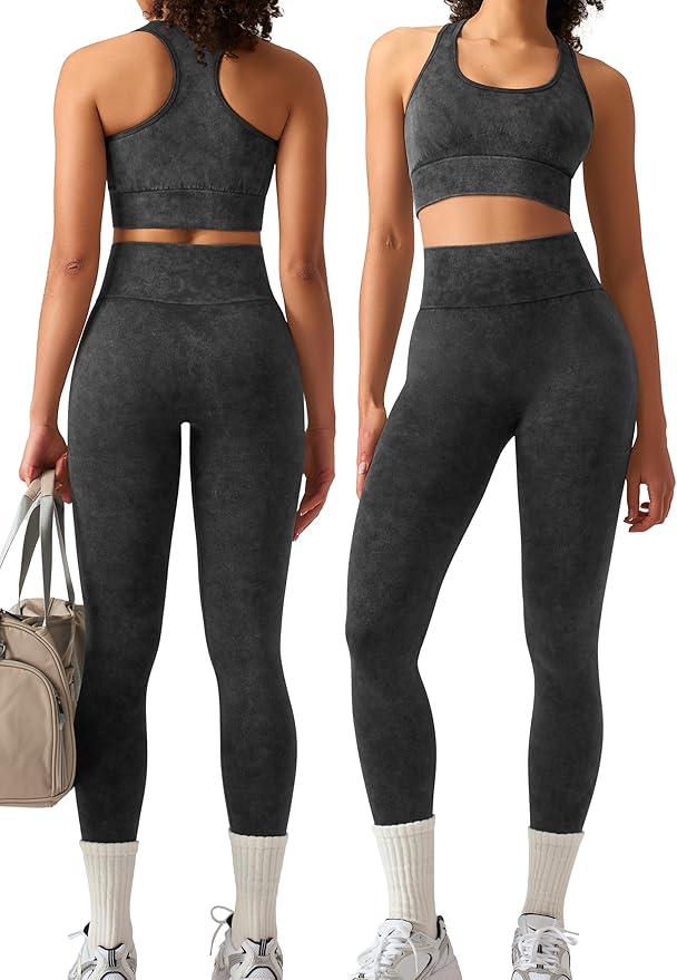 OLCHEE Womens Workout Sets 2 Piece - Acid Wash Seamless Yoga Outfits High Waist Leggings Padded Racerback Sports Bra Gym Set