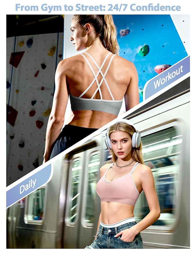 VEQKING Women's Cross Back Sports Bra Padded Strappy Medium Support Yoga Bra for Workout Fitness 3 Pack