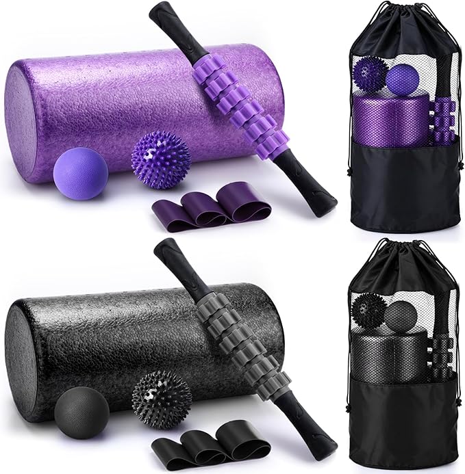 Soulchen 12 Pcs Foam Roller Set - 6 in 1 Deep Muscle Recovery Kit Includes Back Roller, Massage Ball, Muscle Stick, Fasciitis Ball, Stretch Strap & Bag for Body Physical Exercise Therapy, 2 Set