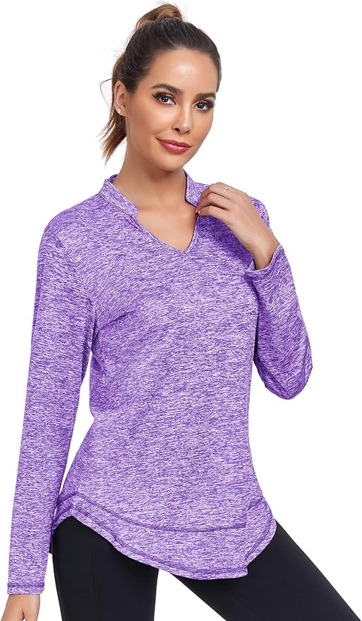 Absttith Women's Long Sleeve Workout Shirts Running Yoga Tops Athletic V Neck Sport Tee Side Split