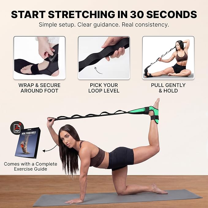DMoose Fitness Foot & Calf Stretcher with Adjustable Padded Stretching Strap for Plantar Fasciitis, Hamstring, Heel Spurs and Achilles Tendonitis Relief - Yoga Leg Stretch Strap for Flexibility