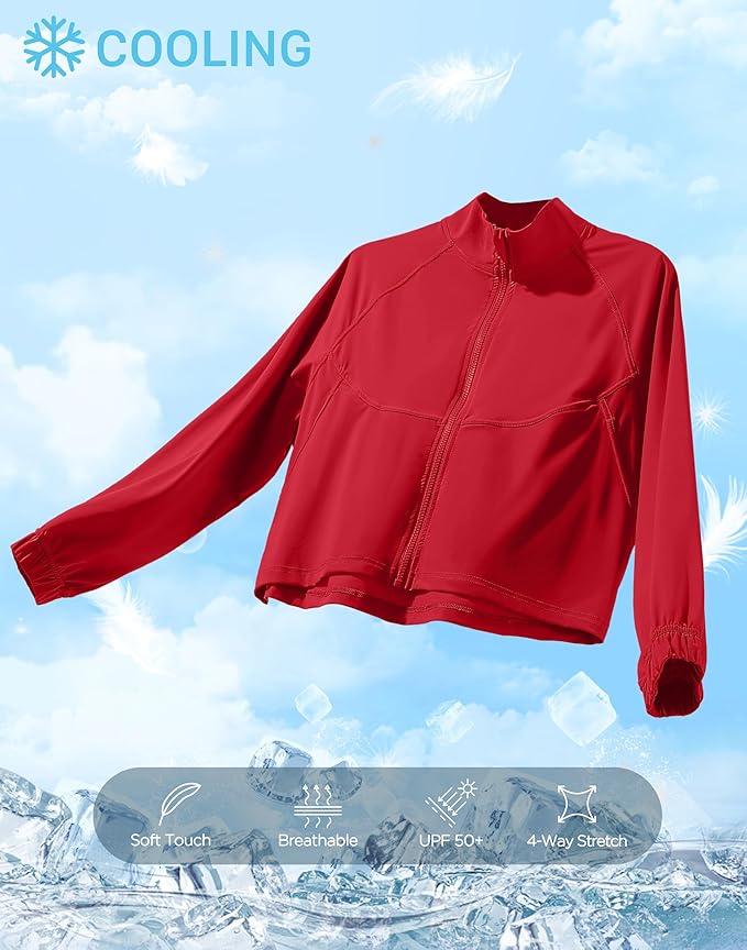 Soothfeel Women's Athletic workout Jacket Lightweight UPF 50+ Long Sleeve Sun Protection Shirts Zip Up Cropped Hiking Tops