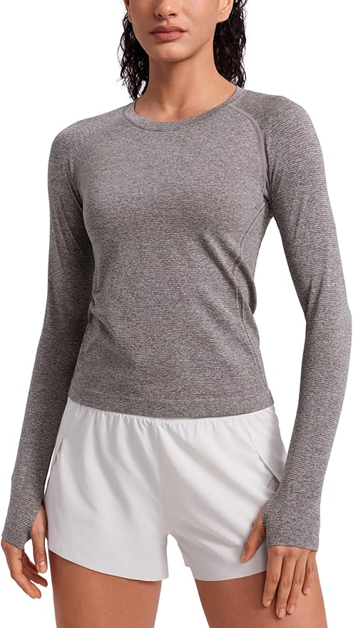 CRZ YOGA Seamless Long Sleeve Shirts for Women Waist Length - Workout Athletic Running Gym Yoga Tops Crewneck Breathable