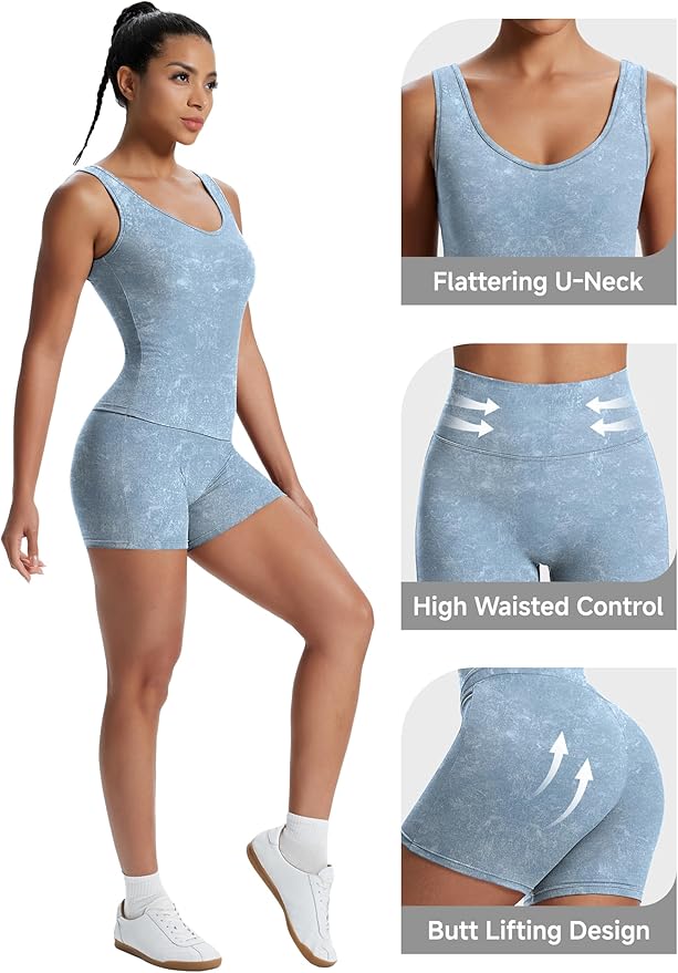 Alaroo Workout Sets for Women 2 Piece U Neck Crop Tank Top High Waisted Shorts Athletic Gym Yoga Outfits Activewear