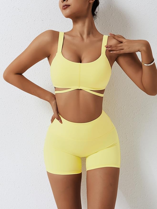 ABOCIW Workout Sets for Women 2 Piece Twist Front Halter Sports Bras High Waist Biker Shorts Exercise Gym Yoga Outfit