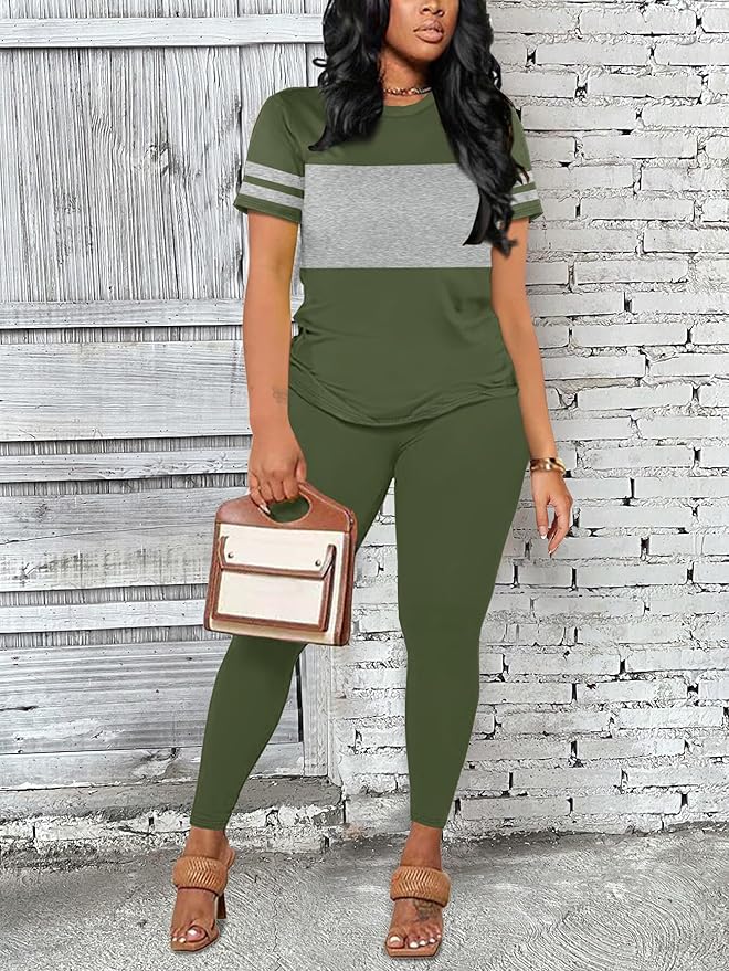 Two Piece Sets for Women Summer Short Sleeve Striped Crewneck Slim Fit Active Casual Sweatsuits