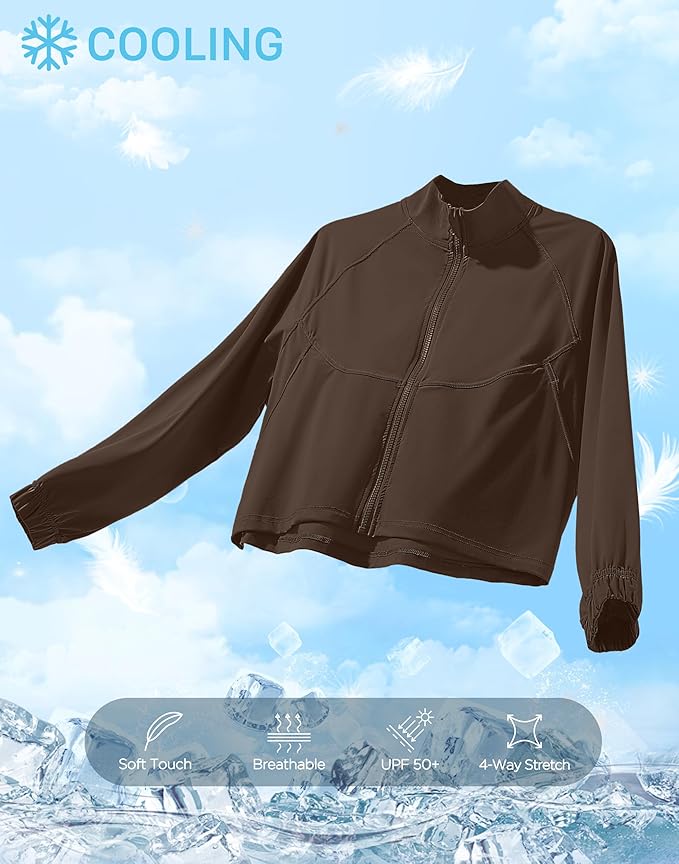 Soothfeel Women's Athletic workout Jacket Lightweight UPF 50+ Long Sleeve Sun Protection Shirts Zip Up Cropped Hiking Tops