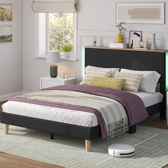 Bestier Full Bed Frame with Adjustable Headboard & LED Lighting, Corduroy Upholstered Platform Bed Frame with Storage Shelf, Solid Wood Slats, No Box Spring Needed, Never Squeak, Easy Assembly, Black