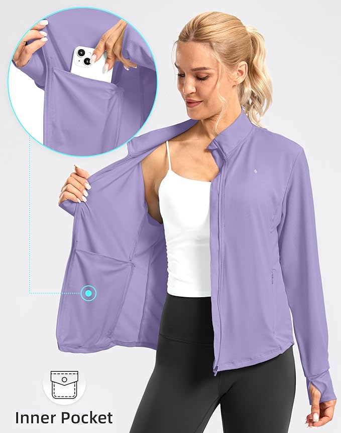 Soothfeel Women's UPF 50+ Lightweight Athletic Jackets Sun Protection Zip Up Long Sleeve Shirts Hiking Workout Outdoor Pocket