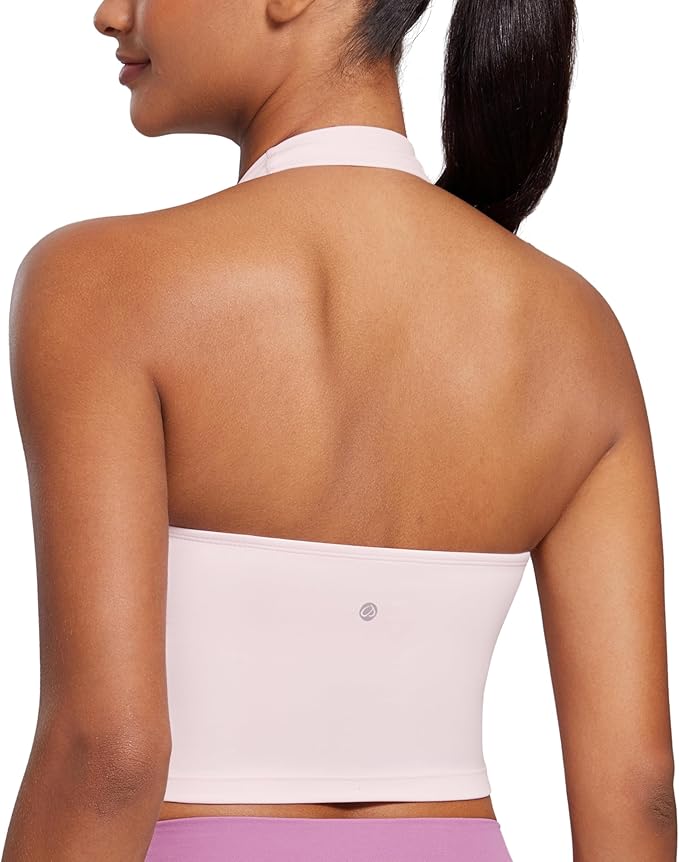 CRZ YOGA Butterluxe Halter Crop Tank Tops for Women - Open Back Padded Longline Sports Bras Workout Gym