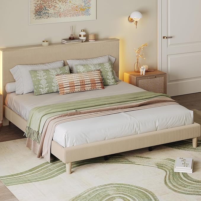 Bestier King Bed Frame with Adjustable Headboard & LED Lighting, Corduroy Upholstered Platform Bed Frame with Storage Shelf, Solid Wood Slats, No Box Spring Needed,Never Squeak, Easy Assembly, Taupe