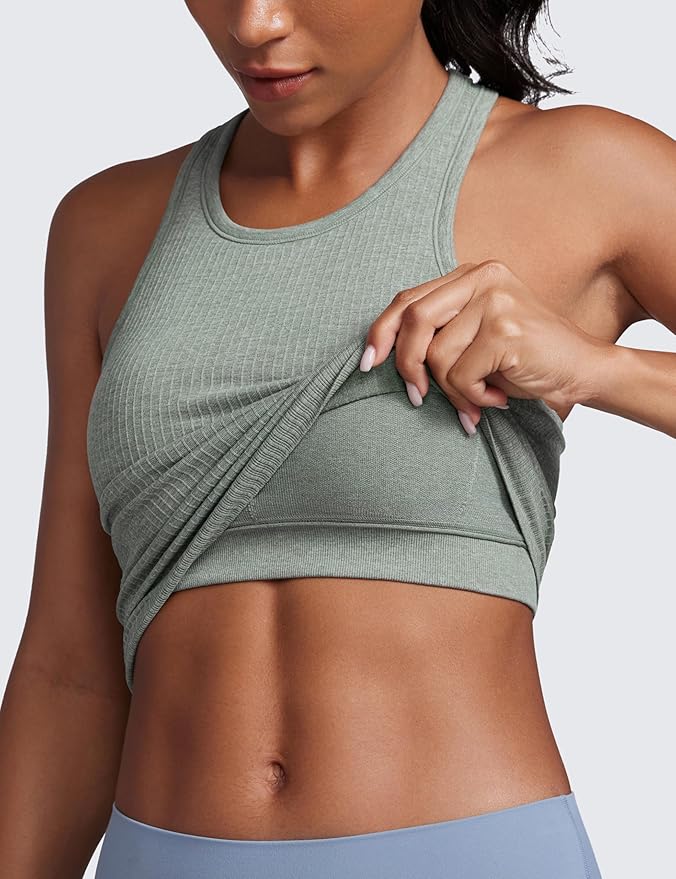 CRZ YOGA Seamless Ribbed High Neck Crop Tank Tops for Women - Longline Racerback Padded Sports Bras