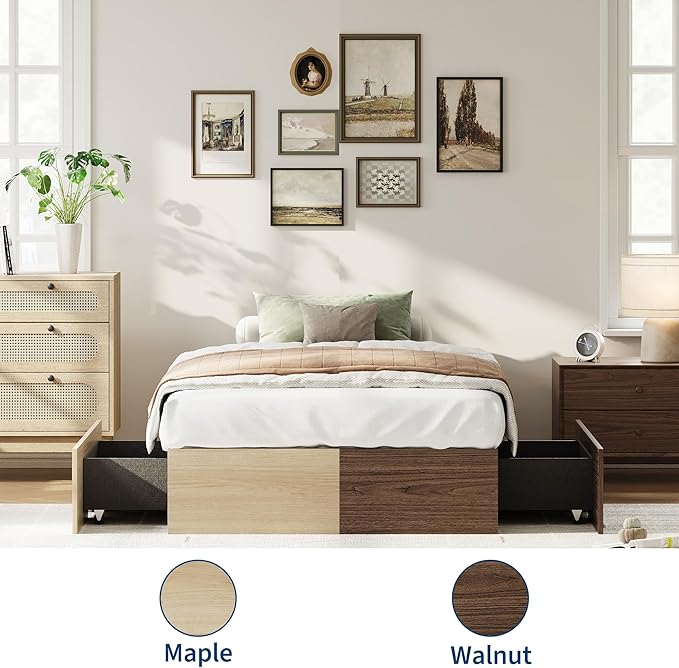 GarveeHome Twin Size Wood Platform Bed Frame with 2 Storage Drawers, Wooden Bed Frame Without Headboard, Wood Slat Support, No Box Spring Needed, Easy Assembly