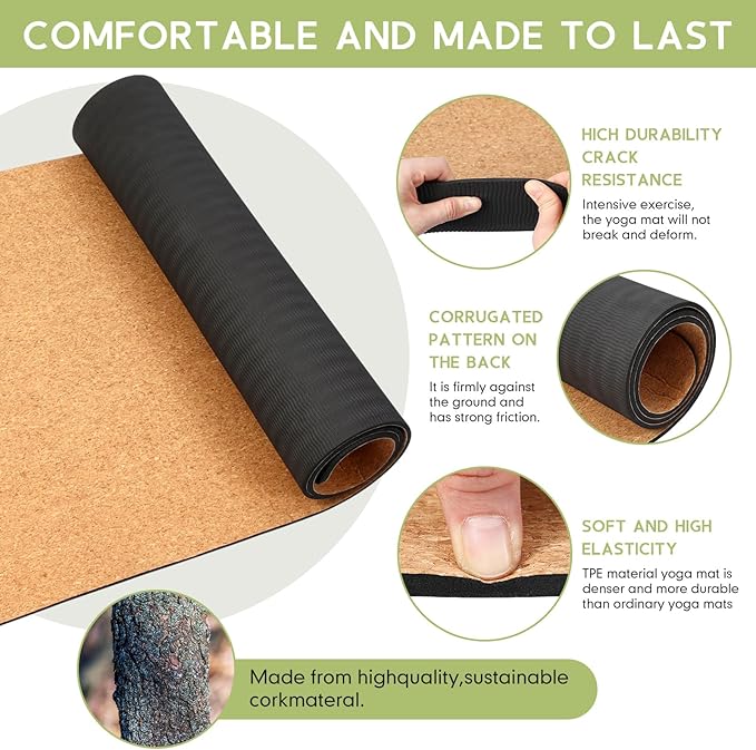 2 Pcs Cork Yoga Mat, 68 x 24 inch Premium 6mm Solid Thick Non Slip Fitness & Exercise Mat for All Types of Yoga Pilates & Floor Workouts with Strap